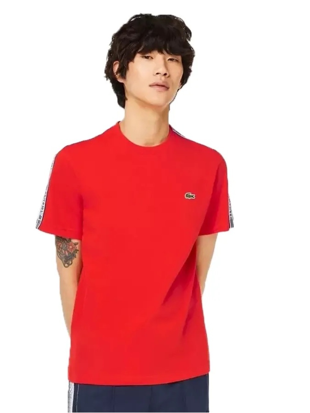 Lacoste Red Short Sleeve Crewneck Tee with Tape Detail